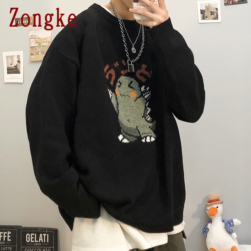 Zongke Black Knitted Sweater Men Clothing Pullover Men's Sweater Undefined Mens Clothes Sweaters Little Monster Print M-3XL 201022