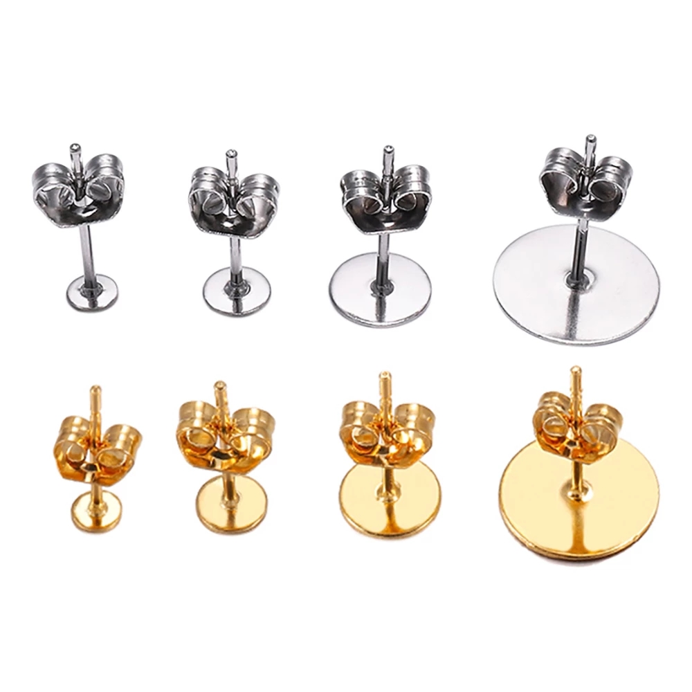 8mm jewelry Components Gold silver Blank Post Earring Studs Base Pins With Earring Plug Ear Back