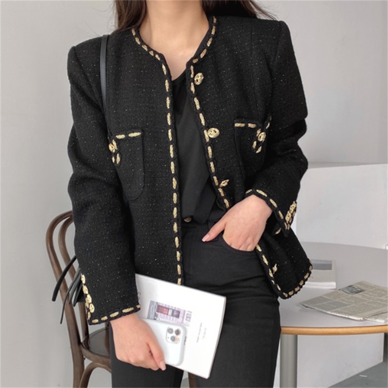 New Autumn Winter Korean Casual Tweed Jackets Women Button Solid Suits Coat Female Tops Office Lady Slim Outwear Feminino 201013