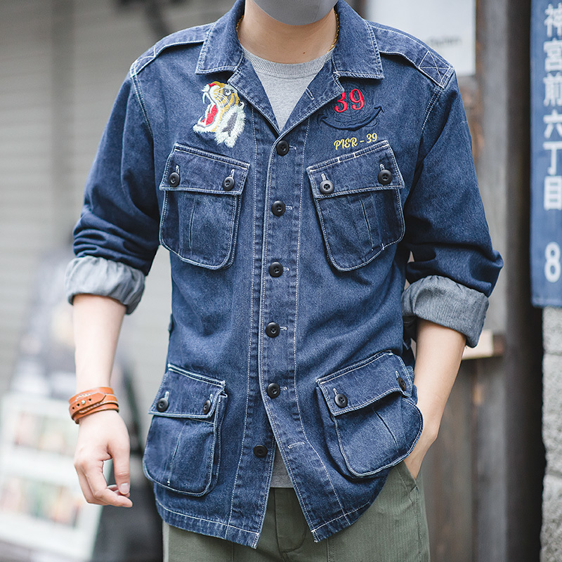 Madden Men's Retro Blazer Jacket Army Green and Blue Multi-pocket M65 Denim Jacket Men's Military Embroidered Denim Jacket 201119