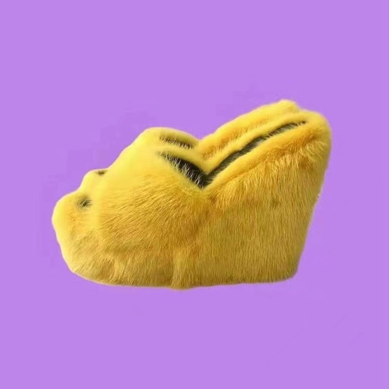 Fur Slippers Women's Wedge Heel Shoes Women High-heeled Furry Drag Fashion Outdoor All-match Shoes Slippers Furry Slides 220224