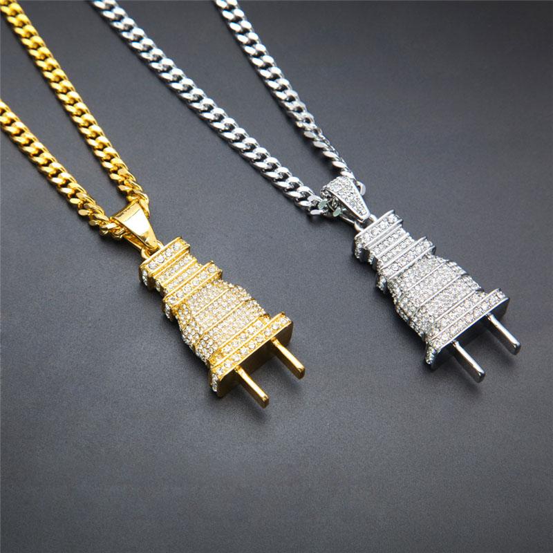 Mens Iced Out Bling Bling Plug Pendant Necklace Gold Silver Color Charm Micro Pave Full Rhinestone Hip Hop Jewelry Women Choker
Mens Iced Out Bling Bling Plug Pendant Necklace Gold Silver Color Charm Micro Pave Full Rhinestone Hip Hop Jewelry Women Choker