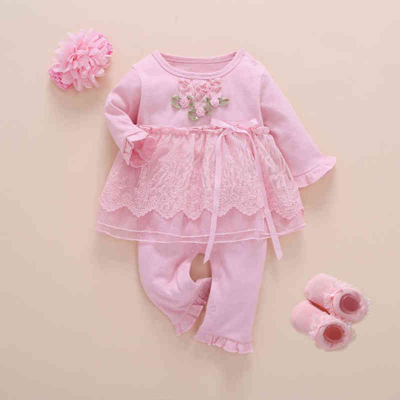 born Baby Girl Clothes Fall Cotton Lace Princess Style Jumpsuit 0-3 Months Infant Romper With Socks Headband ropa bebe 220105