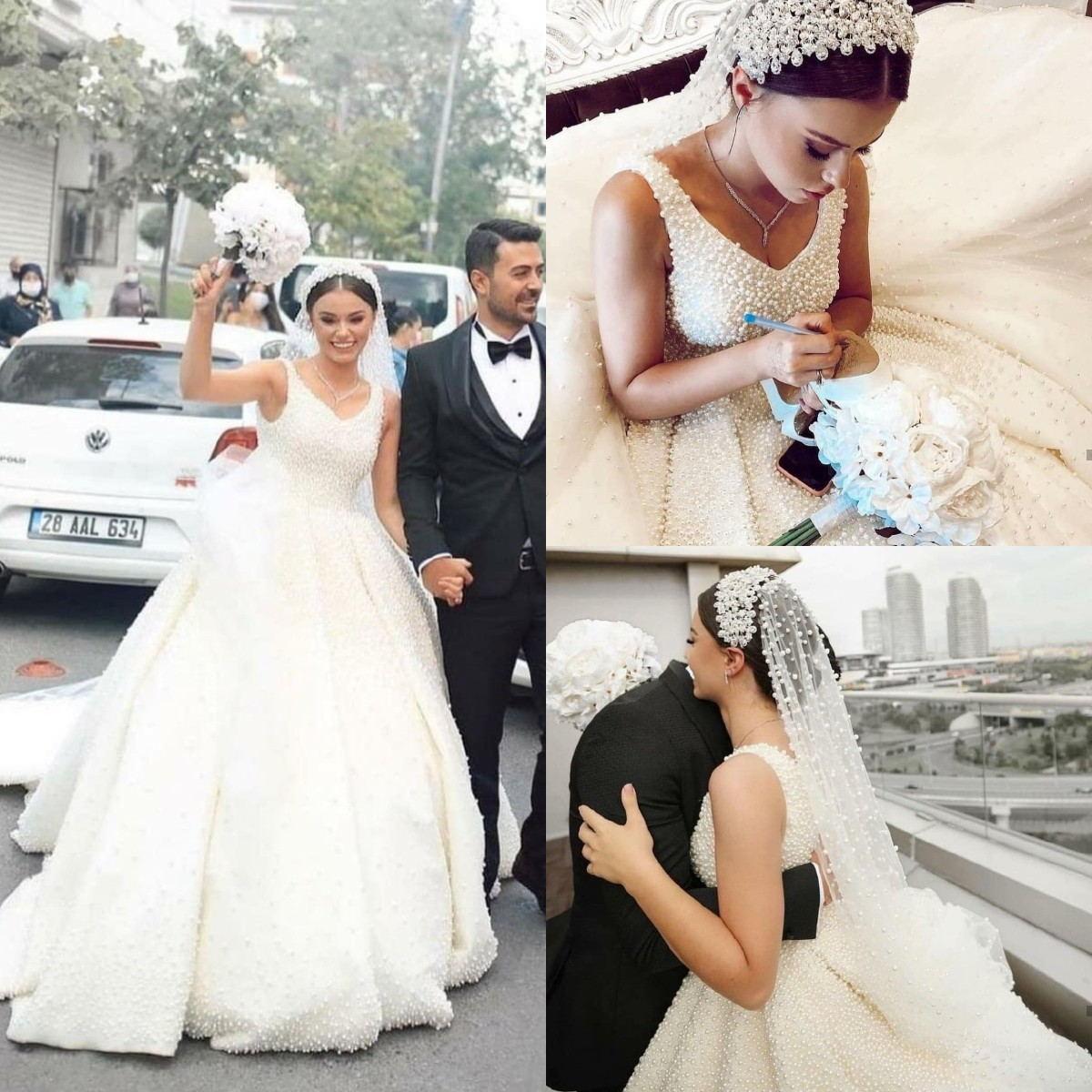 Ball Gown Dresses Pearls Beaded V Neck Straps Sleeveless Custom Made Sweep Train Wedding Bridal Gowns Vestido De Novia