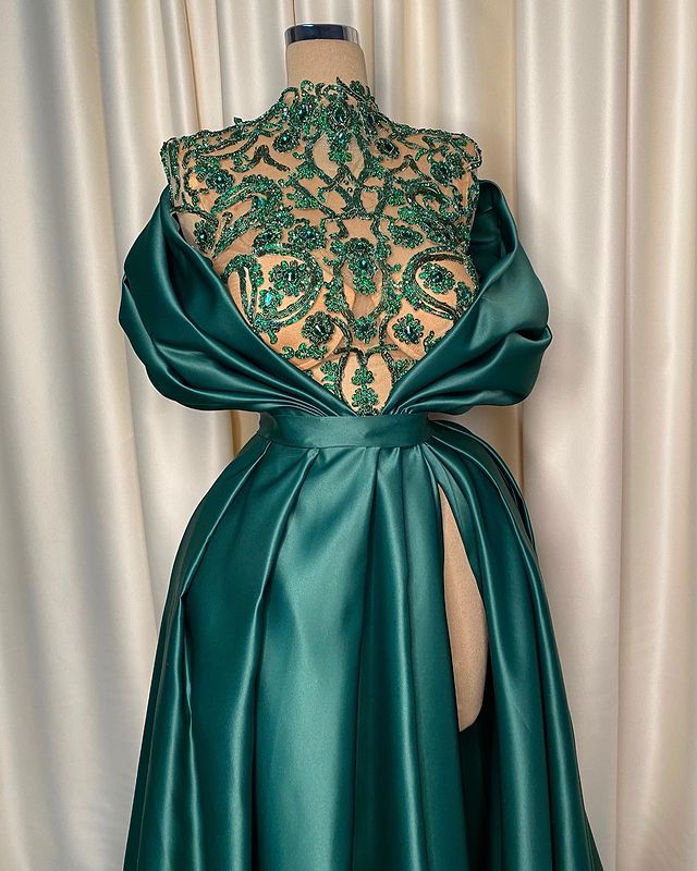 Aso Ebi 2021 Arabic Green Stylish Lace Evening Dresses High Split Crystals Prom Dresses Satin Formal Party Second Reception Gowns ZJ296