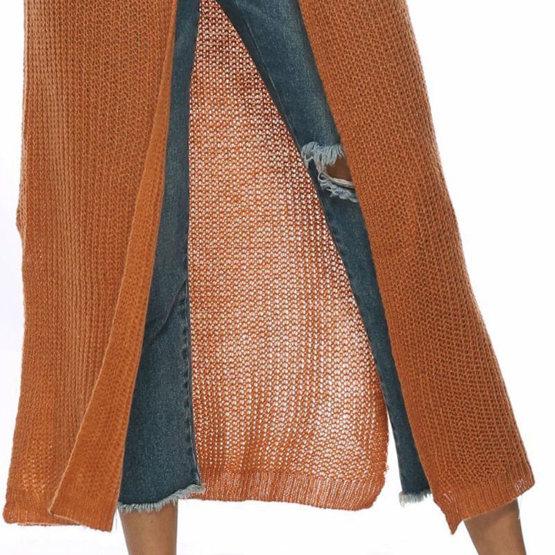 Womens Long Sleeve Open Front Cardigan Maxi Long Side Split Solid Color Knitted Sweater Irregular Slim Coat with Large Pockets 201109