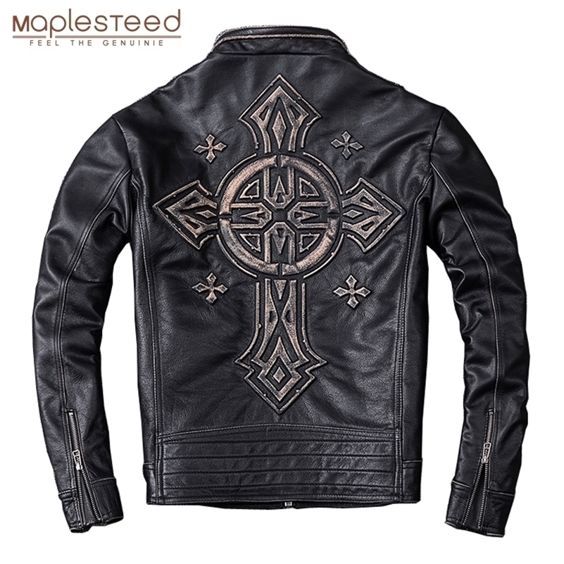 MAPLESTEED Distressed Leather Jacket Men Vintage Motorcycle 100 Natural Calf Skin Mens Motor Jackets Biker Coat M202 201114