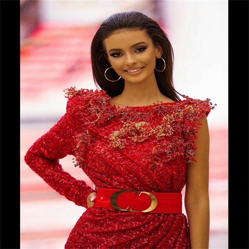 Luxury Evening Dresses Red Sequins Crystal Sexy Side Split Prom Dresses Bling Bling One Sleeves Custom Made Formal Party Gown