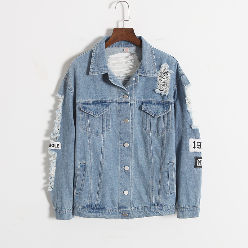 Vintage Fashion Wash Water Distrressed Denim Jacket Embroidery Letter Loose Back Applique BF Denim Coat Hole Outerwear Female 201112