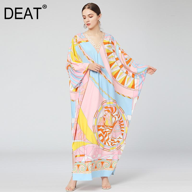 

DEAT] 2020 Autumn New Bohemian Style Loose Women' Dress Elegant V-neck Hit Color Bat Sleeve Geometry Print Robe Fashion MX046, As shown