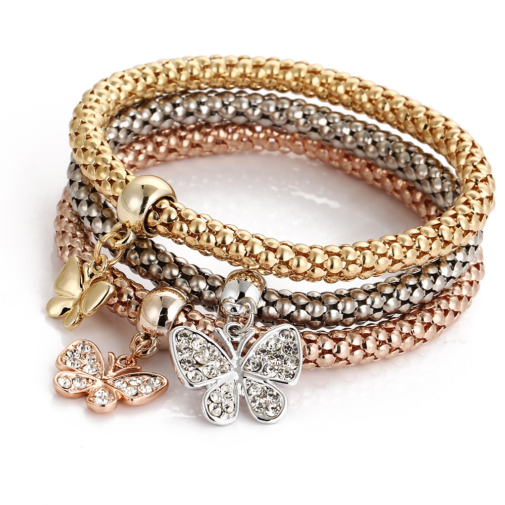 Jewelry Women Bracelets of Three-color Set Elastic Popcorn Chain Diamond Butterfly Pendant Charms Bracelet for Women Gift