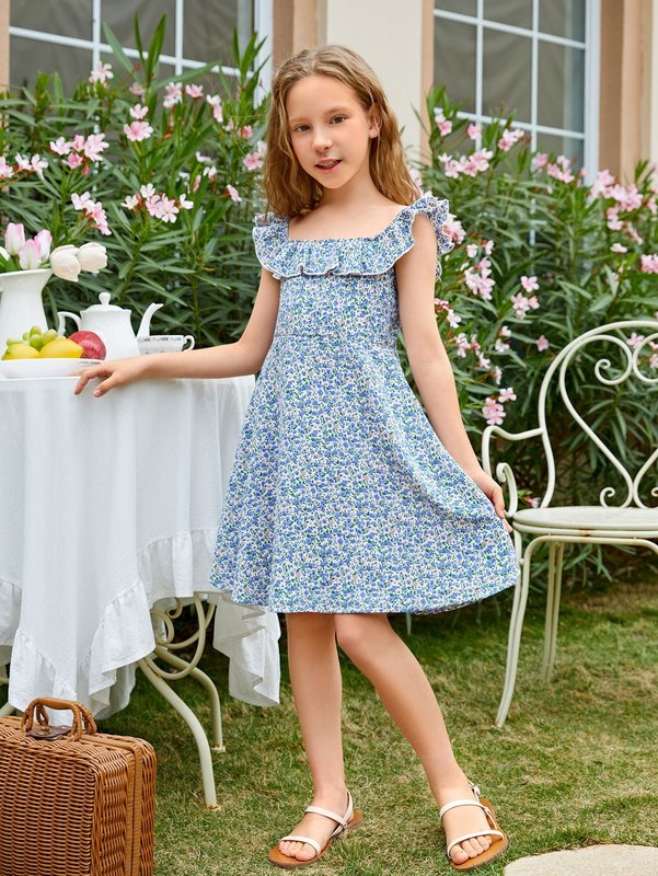 Girls Ditsy Floral Print Ruffle Trim Dress SHE01