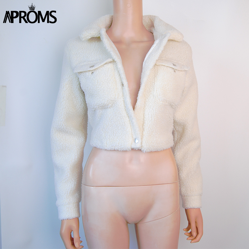 Aproms Elegant Solid Color Cropped Teddy Jacket Women Front Pockets Thick Warm Coat Autumn Winter Soft Short Jackets Female 201126