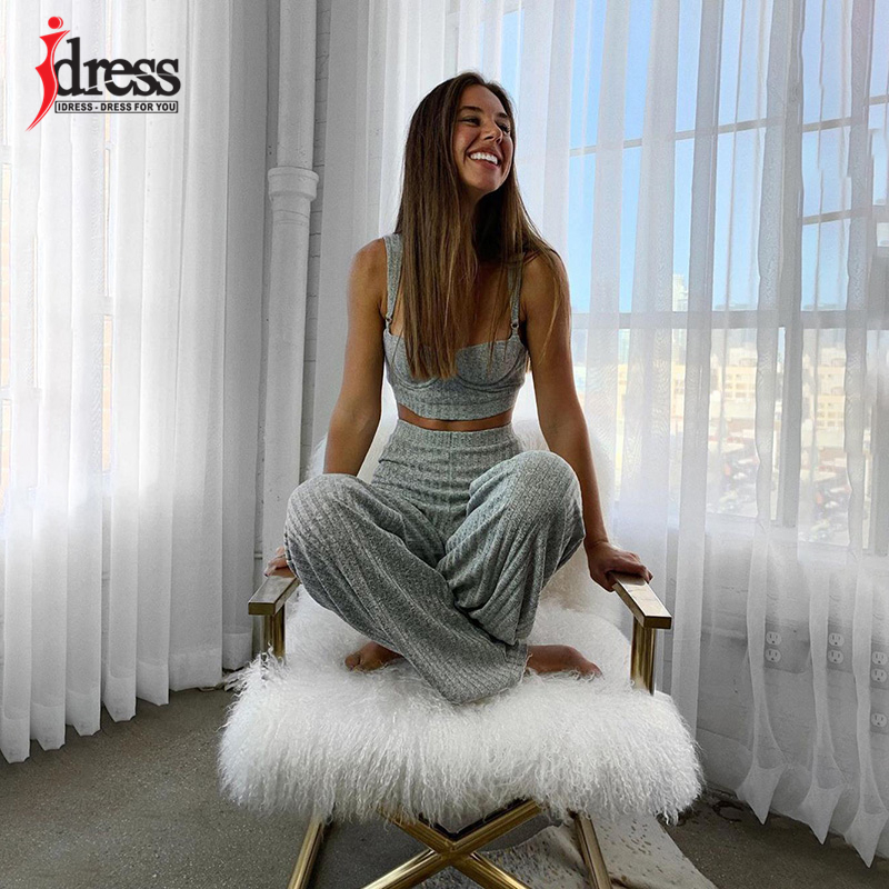 iDress Women Sexy Knitted Two Piece Sets Knitted Suit Outfit Gray White Summer 2 Piece Set Women Crop Top and Wide Leg Pants Set T200821