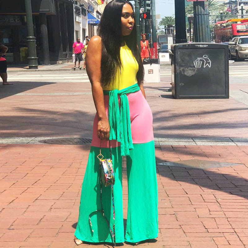 Best selling new women's colorblock jumpsuit urban casual strap summer jumpsuit sexy tight long jumpsuit T200616