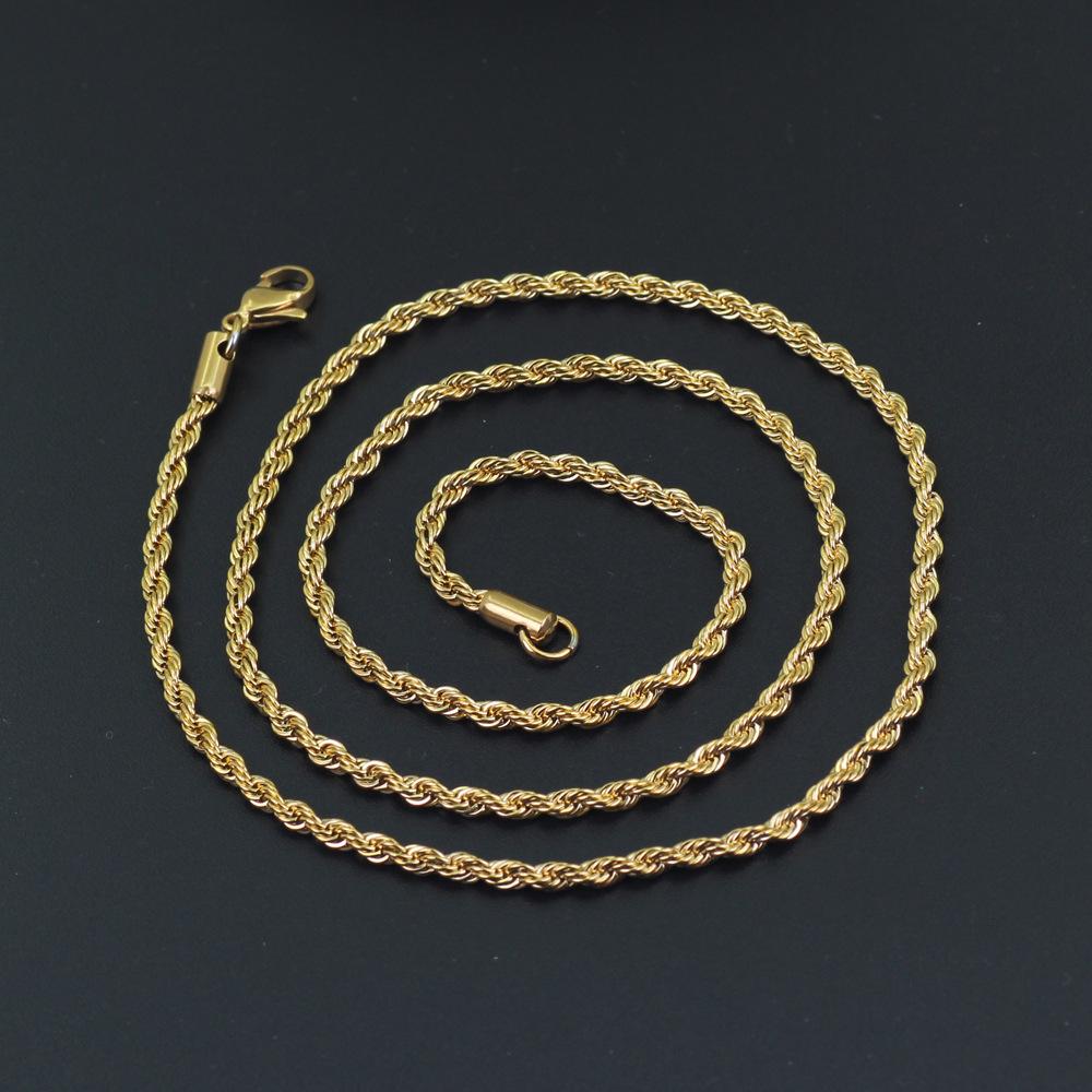 Hip Hop 18K Gold Plated Stainless Steel 3MM Twisted Rope Chain Choker Necklace for Men Hiphop Jewelry Gift in Bulk 2021