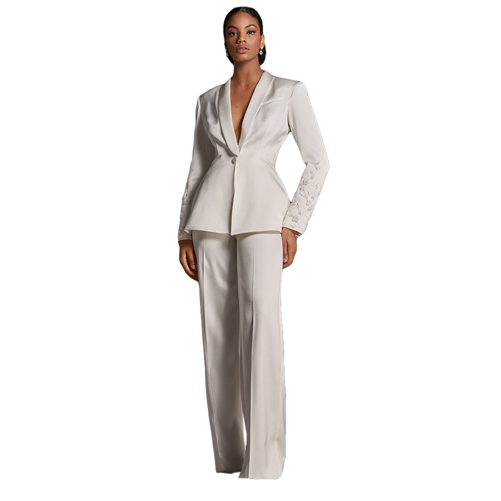 Spring 3D Flower Ivory Slim Fit Suits Wedding Tuxedos Women Ladies Prom Evening Guest Formal Wear Custom Made Coat (Jacket+Pants)