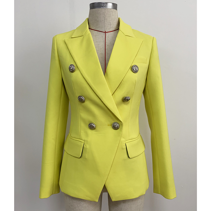 HIGH QUALITY Newest Fashion Blazer Women's Lion Buttons Double Breasted Fluorescence Yellow Blazer Jacket 201012