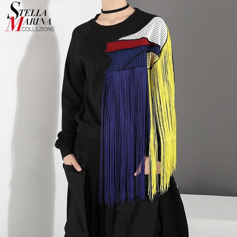 New Korean Style Woman Autumn Winter Black Casual Pullovers Sweatshirt With Fringes Ladies Casual Unique Sweatshirts 3961 201106