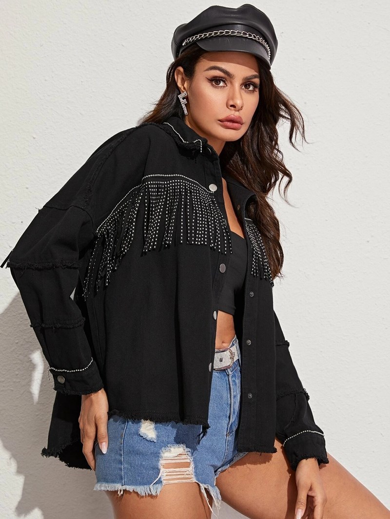 Fringed Frayed Denim Jacket Women New Autumn Winter Lapel Beaded Loose Version Jacket Denim Fashion Casual Jacket Top 201028