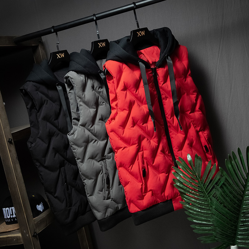 Winter Vest Men Casual Waterproof Warm Hooded Slash Pockets Sleeveless Coat Red Olive Black Color Plus Size 201120
