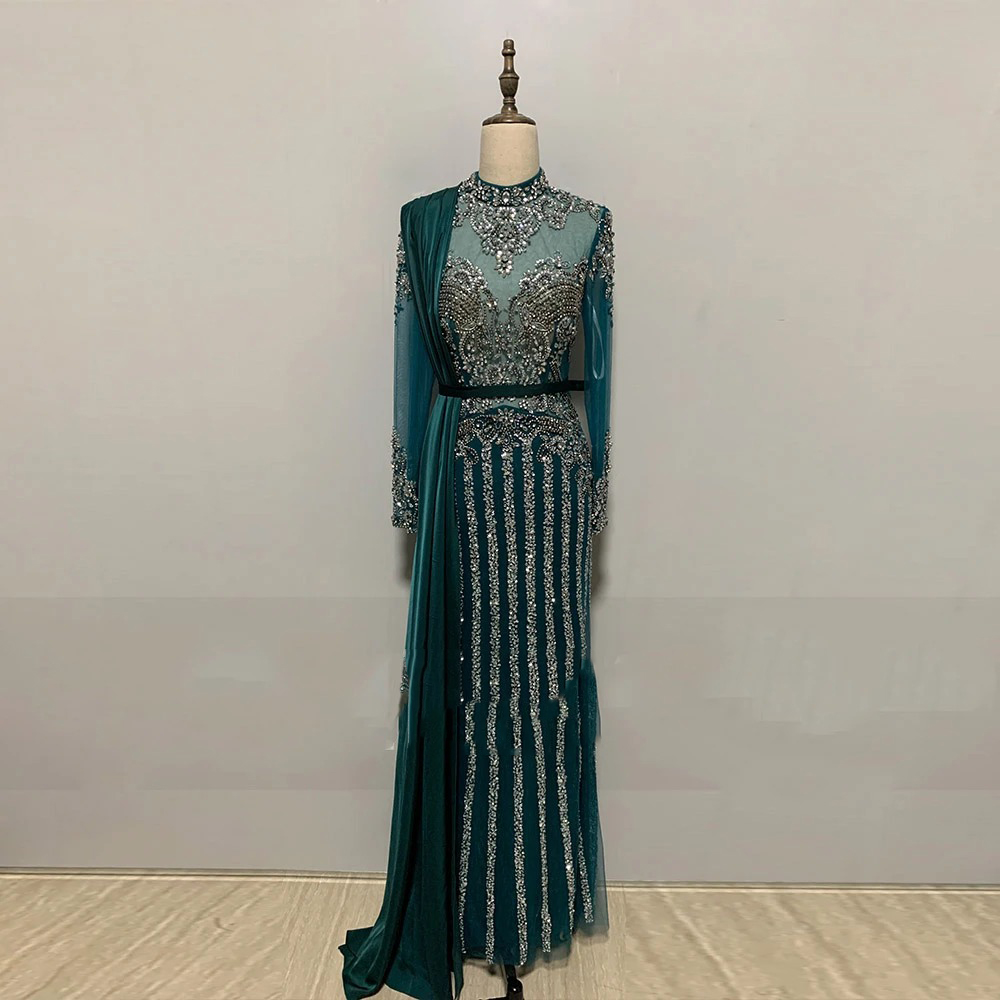 Real Image Evening Dresses Luxury Crystal Sequins High Neck Long Sleeves Appliqued Lace Prom Dresses Custom Made Formal Party Pageant Gown