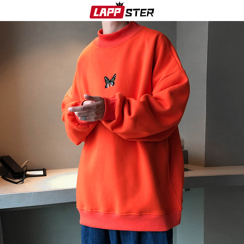 LAPPSTER Oversized Men Butterfly Embroidery Hoodies Pullover Mens Japanese Harajuku Hoodie Male Fleece Black Sweatshirts 201113