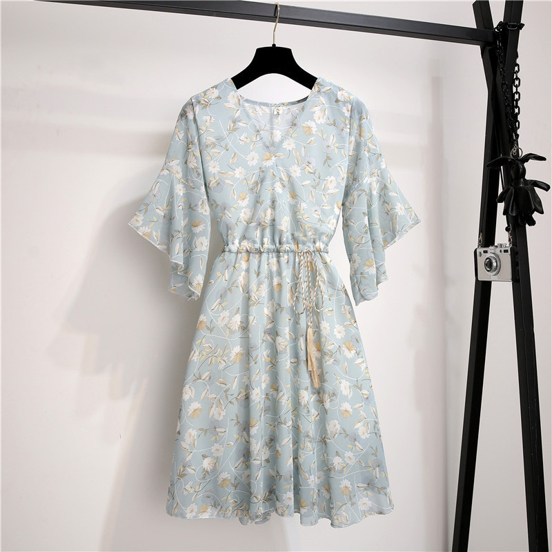 Spring Summer Chiffon Dress Women Knee Length VNeck Print Dresses Sweet Ruffle Sleeeve Slim New Casual Drawstring Women Dress T200320