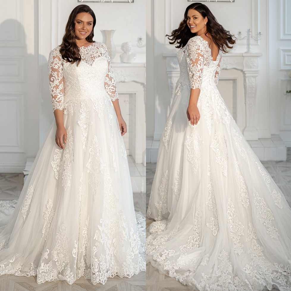 Plus Size Stylish Lace Wedding Dresses Sheer Bateau Neck A Line Long Sleeves Bridal Gowns Sweep Train Tulle Robe De Marie