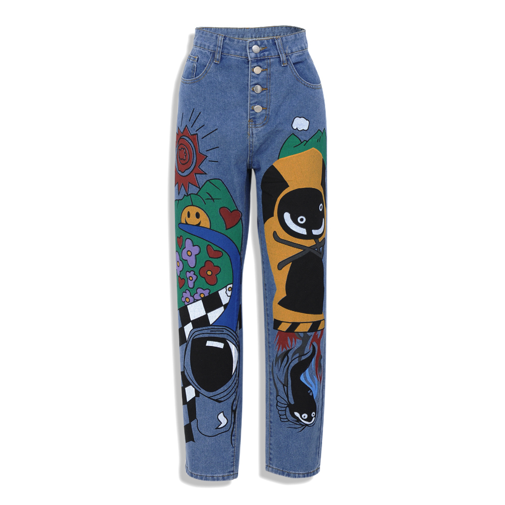 Womens Cartoon Printed Jeans Atumn Winter Girls Harem Pant Trousers Single Breasted Plus Size Female Hight Waist Denim Jean 201102
