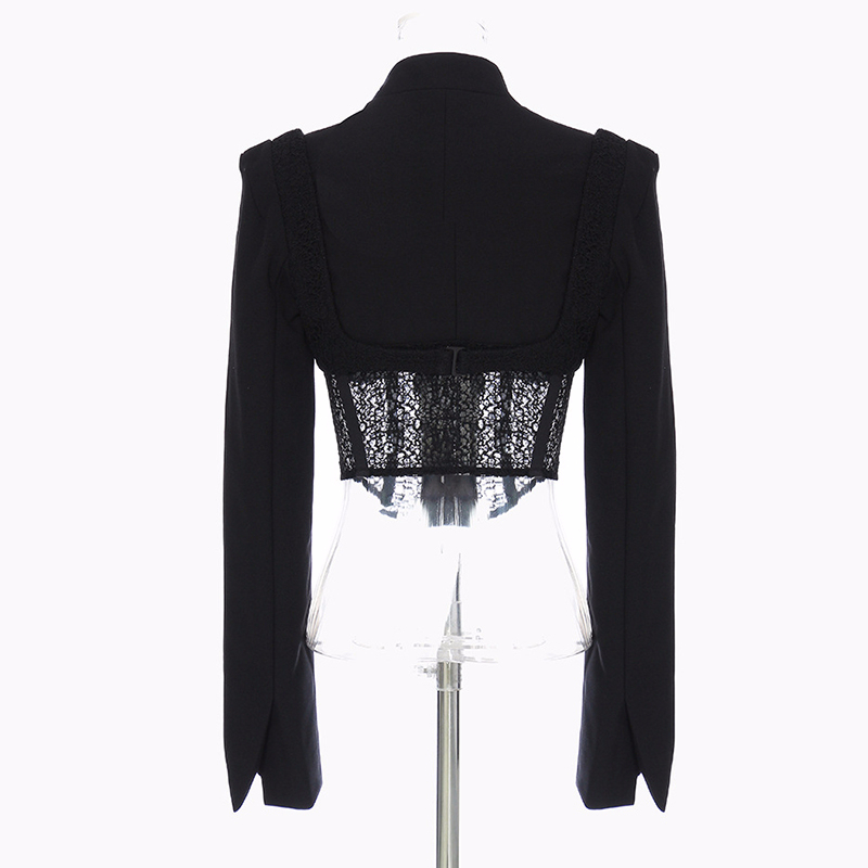 TWOTWINSTYLE Patchwork Hollow Out Black Coat For Women V Neck Long Sleeve Lace Coats Female Summer Fashion Clothing 201023