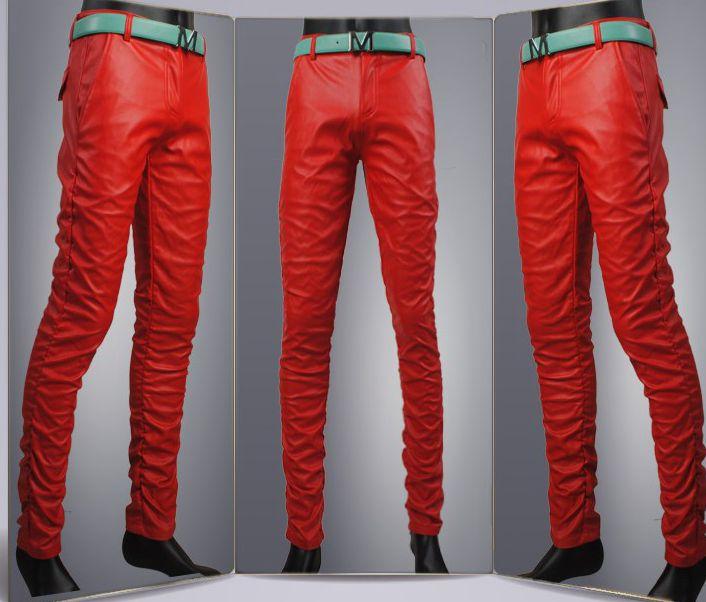 Fashionable new personality men's tight leather pants men's Korean version slim feet black and white red pu leather pants