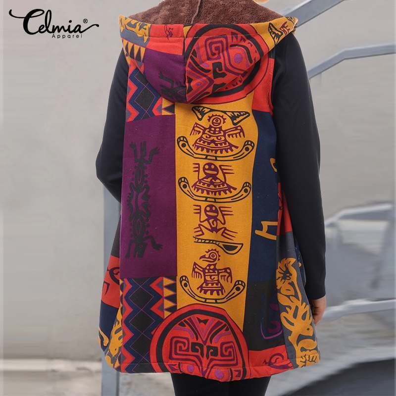 Celmia Women Fluffy Coats Gilet 2019 Winter Ladies Warm Hooded Sleeveless Print Casual Pockets Loose Windbreaker Outwear 7 T200114