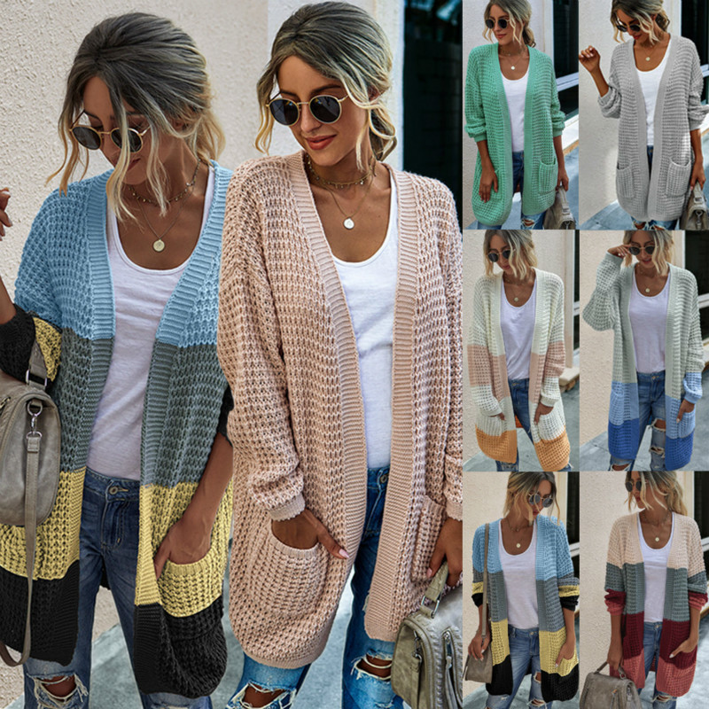 Autumn New Knitted Sweater Long Cardigan Contrast Color Loose Sweater Coat Women's long sweater 201023