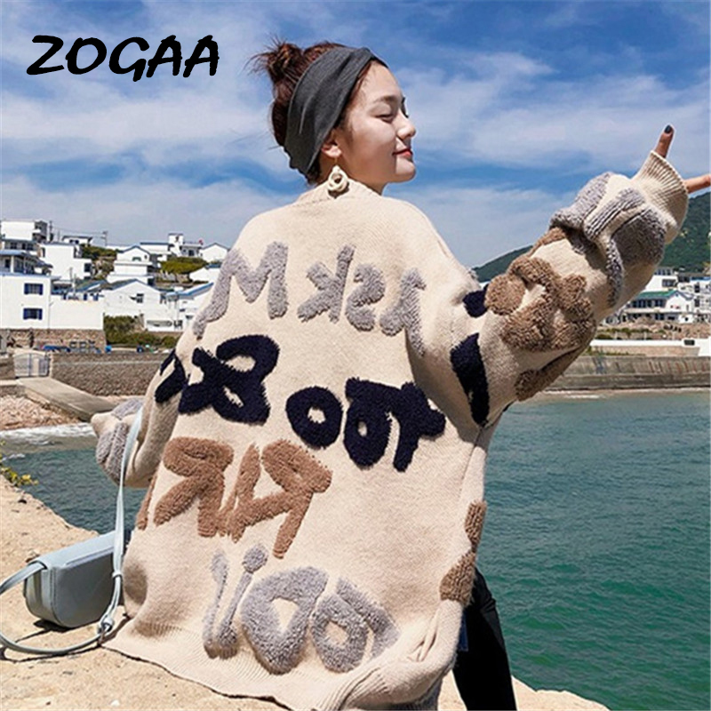 ZOGAA 3D Letters Print Women Cardigan Thick Warm Casual Loose Cool Girl Open Stich 2019 Autumn Winter Fashion Korean Sweaters T200116