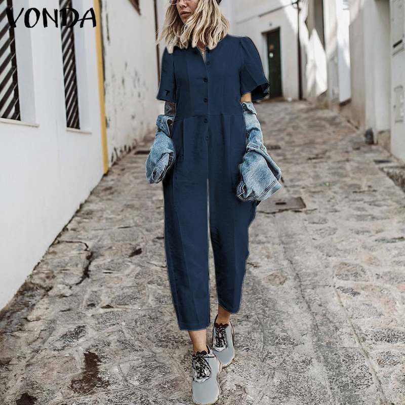 2019 VONDA Women Jumpsuit Summer Romper Sexy Short Sleeve Button Straight Playsuit Casual Cotton Playsuit OL Overalls Plus Size T200303