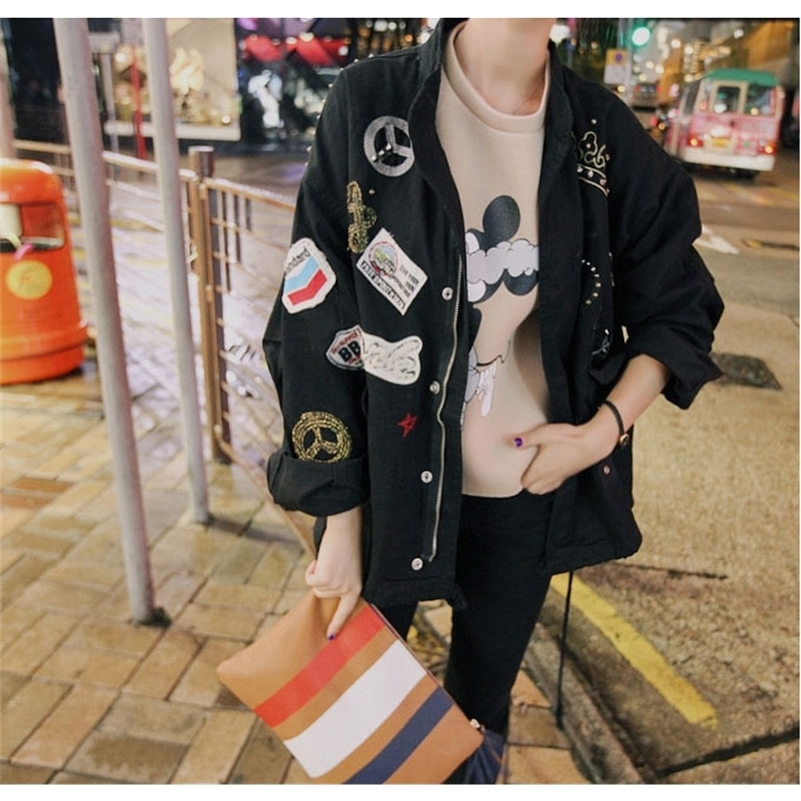 Casual Bomber Jacket Embroidery Applique Rivets Oversize Women Army Green Cotton Coat Y201006