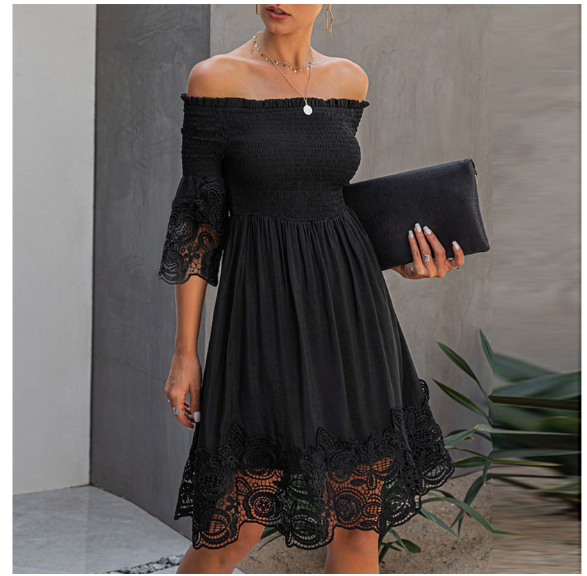 Little Black Short Prom Dress With Sleeves Lace Off The Shoulder Elastic Cotton Real Photos S M L XL XXL