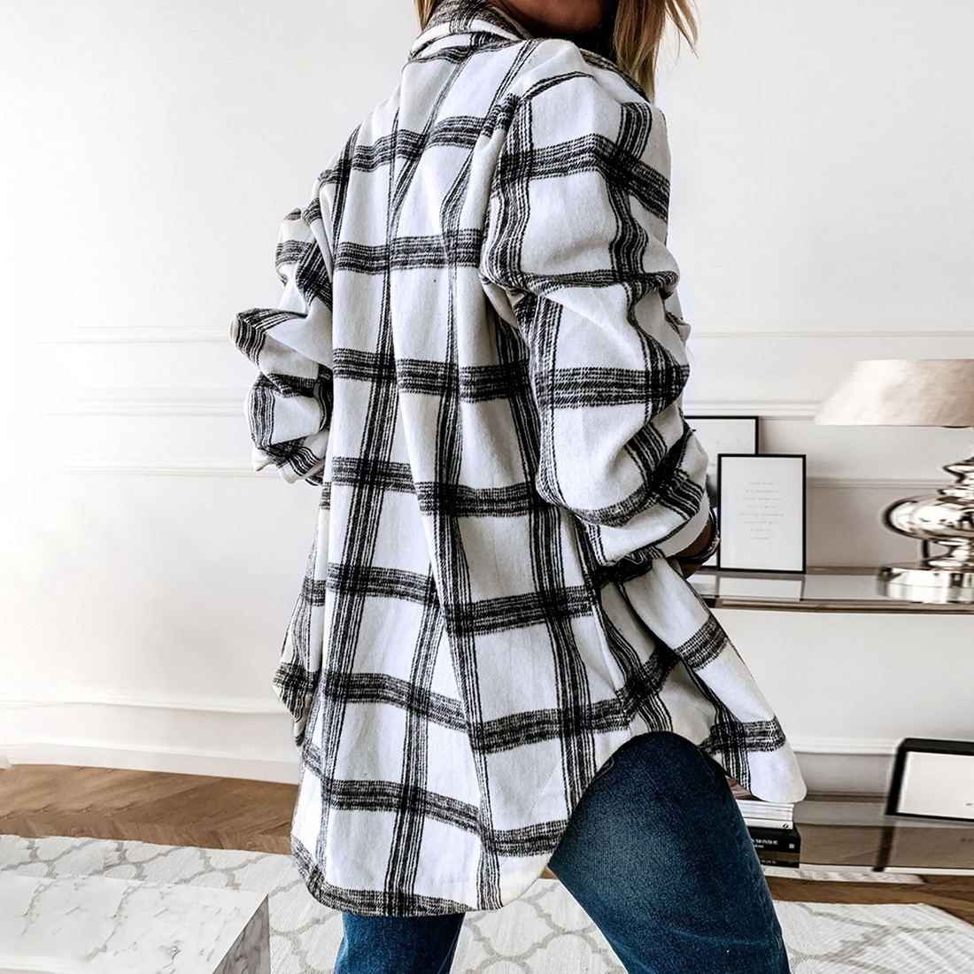 Laamei Women Plaid Blouse Long Sleeve Checked Oversized Shirt Down Collar Thick Ladies Vintage Top Blusa 201130