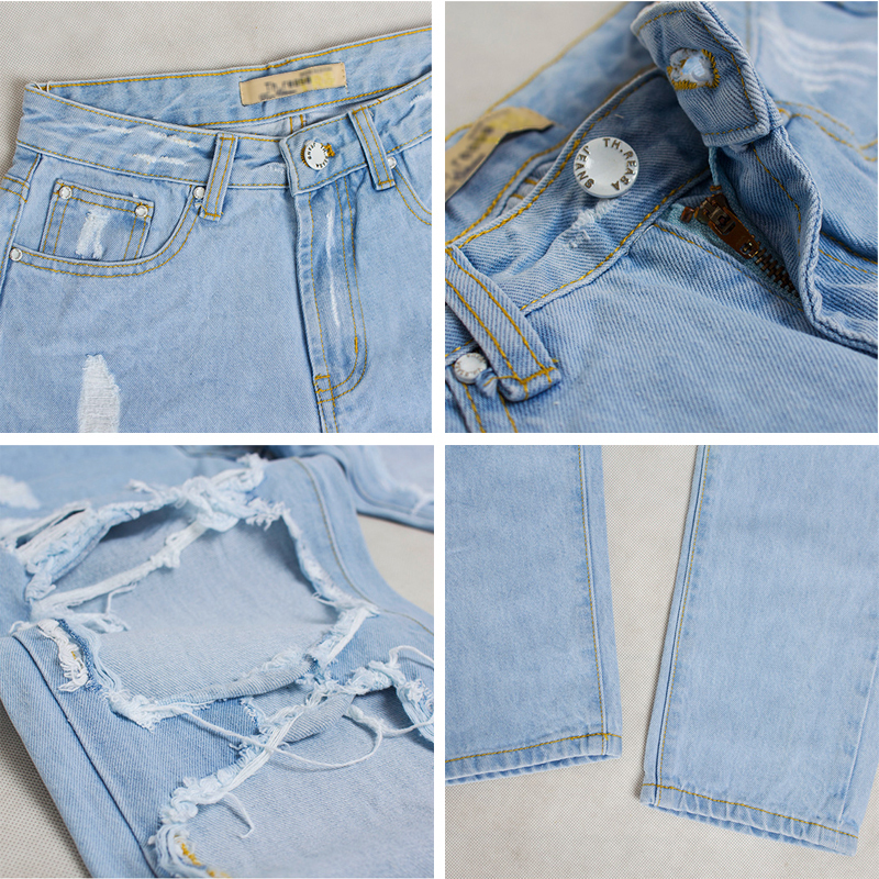 Boyfriend Ripped Mom Jeans For Women High Waist Straight Hole Jeans Streetwear White Black Blue Plus Size Denim Pants 200930