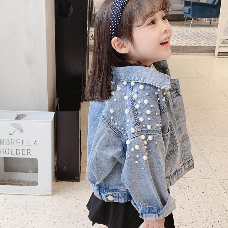 Autumn Toddler Girls Denim Jackets Korean Kids Clothes Fashion Long Sleeve Jeans Cardigan Coat with Pearls Baby Girls Jeans Coat 201106