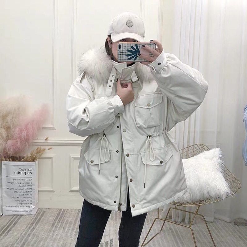 FTLZZ White Duck Down Coat Women Winter Jackets Large Natural Raccoon Fur Hooded Parkas Female Sash Tie Up Warm Snow Outwear 201023