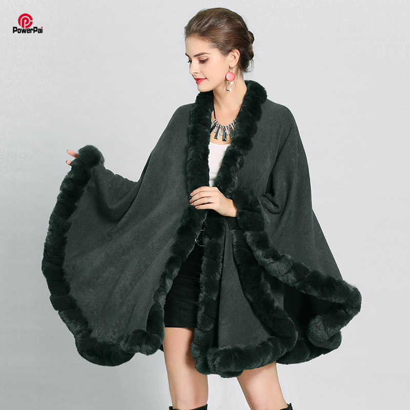 Fashion Handcraft Full Trim Faux Rex Rabbit Fur Cape Coat Loose Knit Cashmere Cloak Shawl Women Fall Winter New Pallium Outwear 201026
