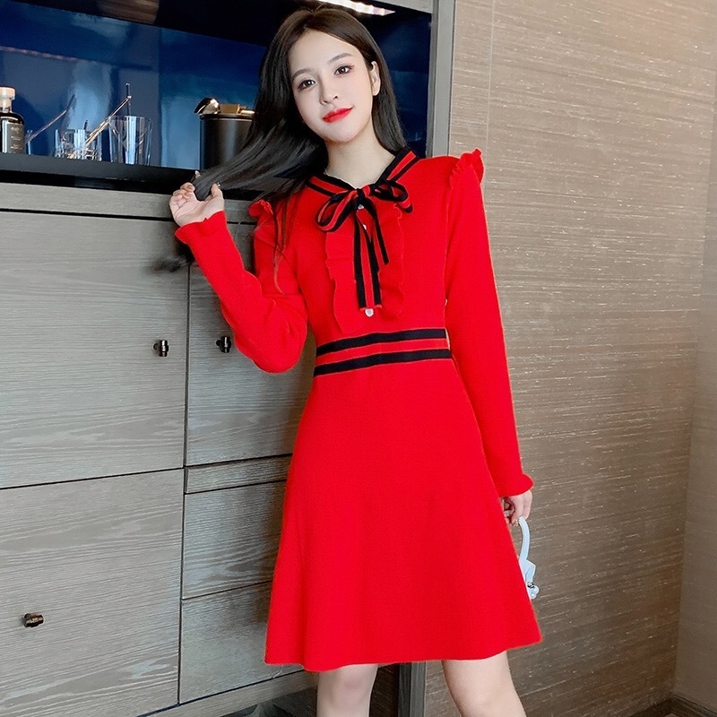 Elegant Long Sleeve Ruffles Knitted Dress Women Bow Collar Striped A-Line Dress Female Autumn Winter Short Sweater Dress 201110