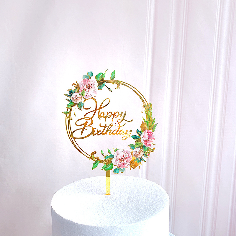 Color Printing Flowers Acrylic Cake Insertion Birthday Wedding Happy Cake Decoration(The logistics price Pls Contact us)