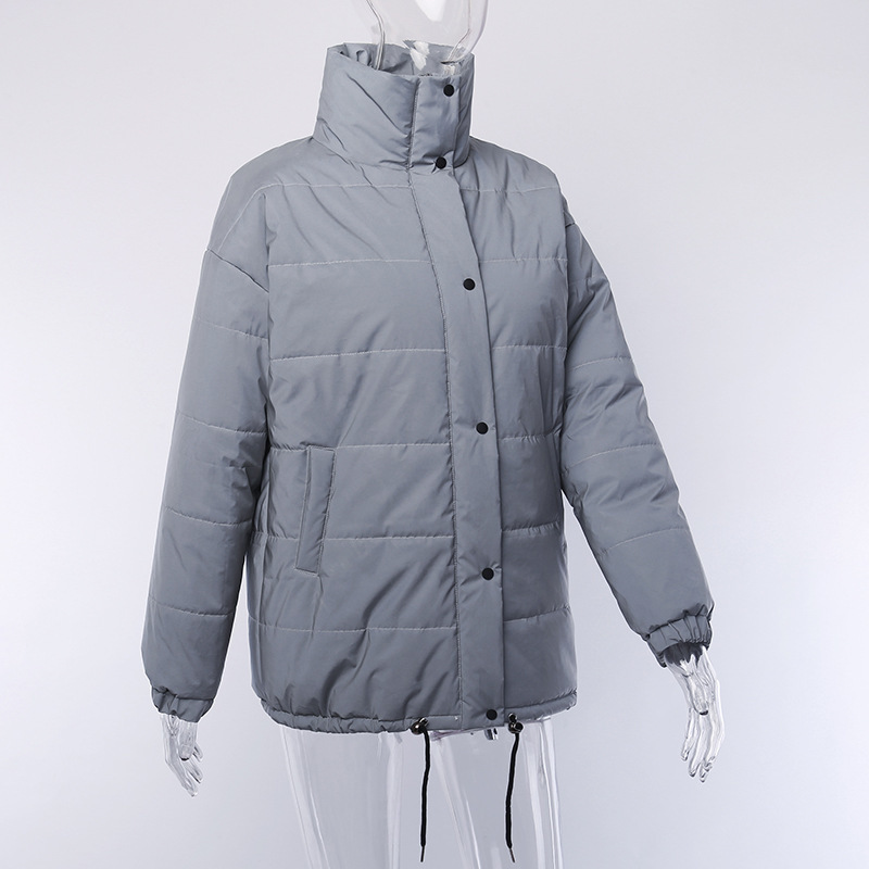 Reflective Gray Zipper Oversized Women Jackets Long Sleeve Button Loose Thick Cropped Jacket Sexy Streetwear Coat Winter LJ201127
