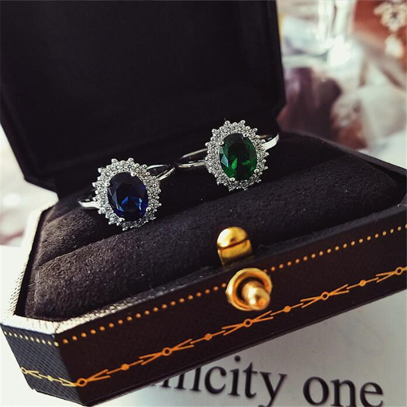 Ins Top Sell Wedding Rings Simple Fashion Jewelry 925 Sterling Silver Oval Cut Blue Sapphire Gemstones Emerald CZ Diamond Party Women Engagement Princ