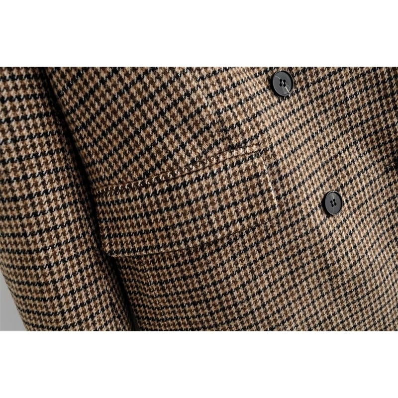 Winter Woolen Lattice Suit Jacket Ladies Office Blazer Double Breasted Loose Coat European Women Clothing 201030