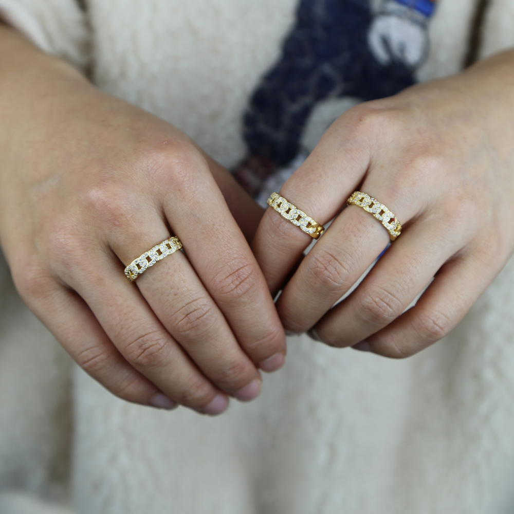 High Quality Micro paved cz Cuban Chain Rings with Gold color open band wedding ring for women lady adjustable finger band ring