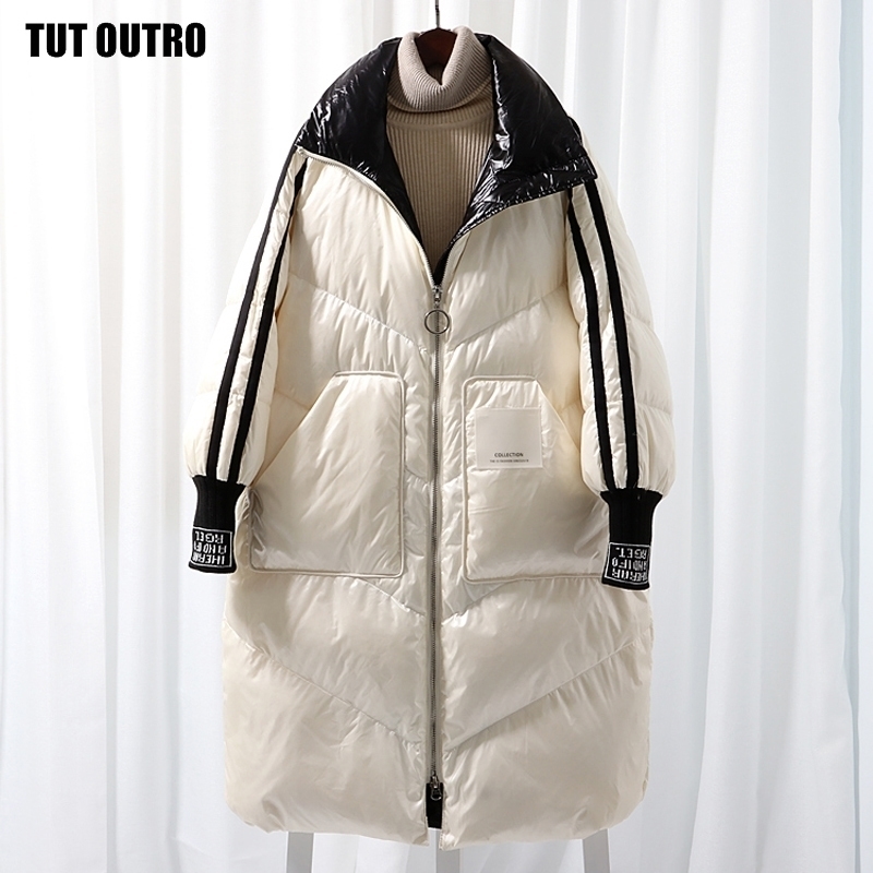 Fashion Contrast Letter Print Glossy Loose Ultra Light Down Jacket Winter Down Jacket Women Long Down Jacket 201029
